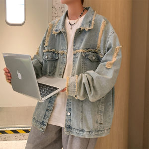 Rách Giặt Vintage Nam Denim Áo Khoác Mùa Thu Phong Cách Đường Phố Thời Trang Thương Hiệu Thoải Mái Quần Áo Bảo Hộ Lao Động Áo Khoác Rộng Rãi Phù Hợp Với Tay Dài