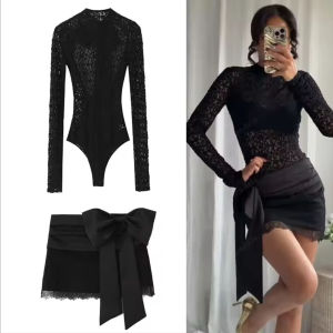Women 2025 Autumn New Lace Bodysuit Womens Bodysuit Black Cutwork O-Neck Long Sleeves Bodysuits+Splicing Mini Skirt Suit