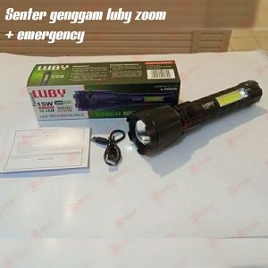 Senter tangan cas LED Luby zoom 15 wat + emergency COB 8966 cahaya putih 2400 mAh tahan 10 jam LED Torch Rechargable