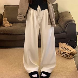 กางเกงขายาวทรงหลวมเอวสูงผ้าขนแกะหนาสีน้ำเงินเข้มสำหรับผู้หญิง กางเกงขายาวทรงหลวมสไตล์เกาหลี ทรงหลวม ทรงหลวม ทรงหลวม