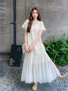 Yellow Mesh Splice Chinoiserie Dress New 2025 Women Summer Unique Beautiful French Style A-Line Skirt Short Sleeve round Neck