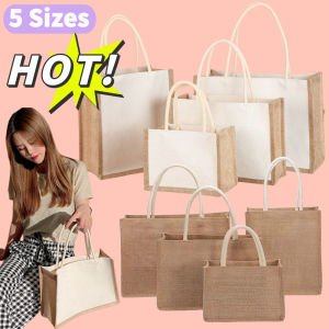 Burlap Jute Tote Shopping Bag Women Casual Handbags Vintage Reusable Grocery Storage Bag Wedding Birthday DIY Gift Bag Handmade