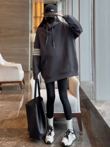 Womens Long Hoodie Sweatshirt Thickened Fleece Loose Fit Spring Autumn Winter Trendy Brand Korean Style Drawstring Pocket