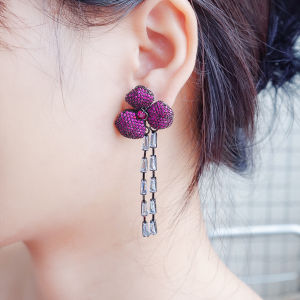 SEQUITO Delicate Two Tassels Pendant Long Drop Earrings Purple Red Flower AAA Zirconia Ear Decoration Women Costume Jewellery SE927