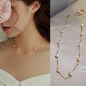 Girl Pearl Beaded Necklace Light Luxury Gold Color Pearl Clavicle Chain Gold Chain Jewelry for Woman