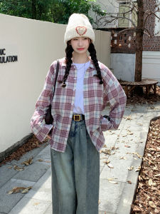 Áo Sơ Mi Nữ Tay Dài Màu Xanh Tím Rộng Rãi Phong Cách Hàn Quốc Cổ Polo Họa Tiết Kẻ Caro Thường Ngày Giản Dị Thời Trang Thu Đông