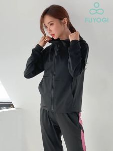 FUYOGI Hooded Jacket Quick-drying Stretch Breathable Loose Cardigan Zipper Outdoor Running Yoga Sports Casual Pockets Fitness