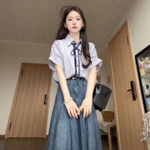 XUECAIQI | Korean Style Striped Shirt and Denim Skirt Set
