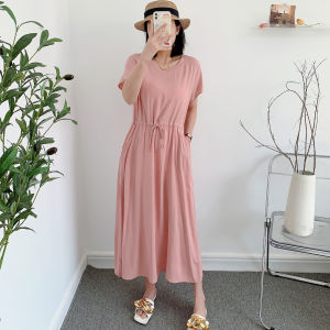 Artificial Cotton Dress Womens Summer Cinched plus Size Slim Looking Short Sleeve Mid Length Long Length Plus Size Ladies Pure Color Trendy Cotton Silk Skirt