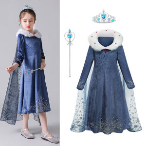 Girls Elsa Queen Costume Velvet Dress with Detachable Cape Faux Fur Collar Frozen Luxurious Birthday Halloween Party Outfit