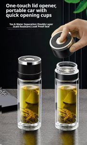 [One-touch lid opening] Glass Tea Water Separation Cup Double-Layer Antibacterial Cup Heat-insulated and High-temperature Resistant