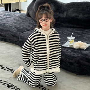 Girl Half Velvet Pajamas Autumn and Winter Black and White Stripes Zipper Cardigan Homewear Suit Can Be Outwear Soft Glutinous Comfortable