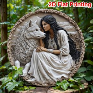 Retro Wolf & Maiden 2D Aluminum Wall Art - 8x8 inch Round Detailed Handmade Metal Sign for Living Room Bedroom