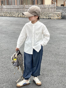 Boys Long Sleeve Cotton Linen Shirt Stand Collar Thin Childrens Spring Summer Autumn Wear White Grey Color Kids Fashion Clothing