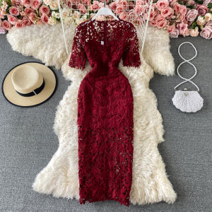 Elegant Hollow out Lace Long Dress Womens Style Bodycon Evening Gown Korean Version High Waist V-neck Mid-length Skirt