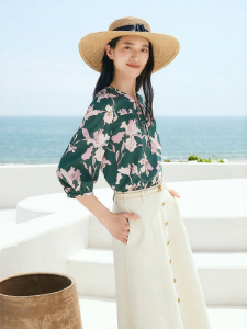 French Artistic Print Half Placket Silk Blouse