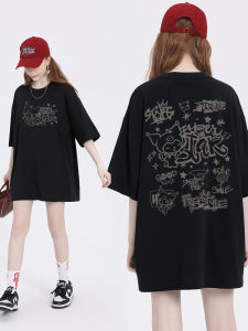 Kuromi Womens Cotton T-Shirt Short Sleeve Loose Fit Summer New Style Cartoon Print Streetwear round Neck Casual Top