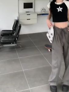 Overall pinggang tinggi wanita gaya Korea Celana kargo retro multi-saku celana lebar pinggang tinggi