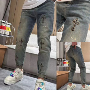 Spring Autumn Mens Heavy Embroidery Leather Jeans Stylish Trendy Comfortable Fashion Straight Leg Pants Youth Casual Wear