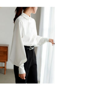Retro White Shirt Womens Lantern Sleeve Design Loose Long Sleeve Turn-down Collar Spring Autumn New Style Korean Version Polo Collar