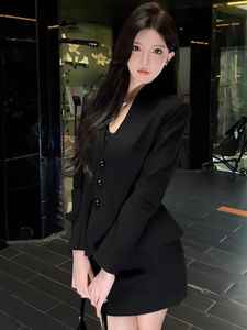 Black High Waist A-Line Skirt Suit Womens Slim Fit Suit Jacket And Skirt Set Korean Style Commute Long Sleeve V-Neck Dress