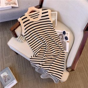 Summer New Womens Sleeveless Knitted Vest Dress Hollow out Color Block Stripe Design Retro High Waist A-Line Midi Skirt