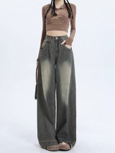 กางเกงยีนส์ขากว้างเอวสูงไซส์ใหญ่สำหรับผู้หญิง กางเกงขายาวทรงตรงหลวมๆ ฤดูใบไม้ร่วง/ฤดูหนาว กางเกงยีนส์ทรงลำลองสไตล์อเมริกัน