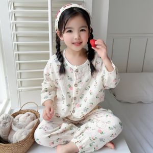 Childrens Pure Cotton Sleepwear Set Home Clothes Base Layer Spring Autumn Style Boys Girls Baby Underwear Anti-static Antibacterial