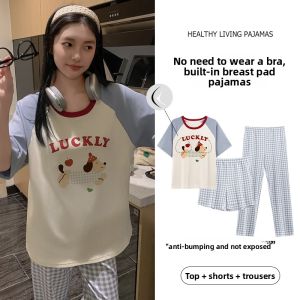 Miiow | Cat Lady Three-Piece Set Womens Summer Thin Short Sleeve Sleepwear With Chest Pad Sweet Style Cute Nightgown Cotton Spandex