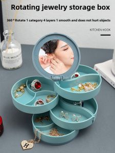 Rotating Dustproof Jewelry Box Multi-layer Earring Organizer Small Precise Pin Buckle Necklace Jewelry Stand with Mirror