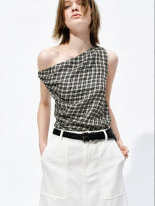 MO&Co. | Acetate Blend Black and White Check Lightweight Slant Hem Off-Shoulder Pinched Pleat Top