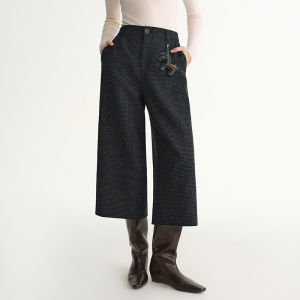 DUSHU | Grey Plaid Wool Blend High Waist Wide-Leg Trousers 7/8