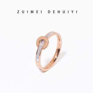 Korean Japanese Style Titanium Steel Ring Womens Letter round Natural White Shell Rose Gold Ring Fashionable Minimalist Ring