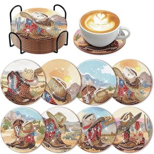 Bộ 8 Miếng Lót Ly Vẽ Kim Cương Kèm Giá Đỡ Acrylic - Bộ Dụng Cụ Nghệ Thuật Tự Làm Với Họa Tiết Bướm Bãi Biển Denim