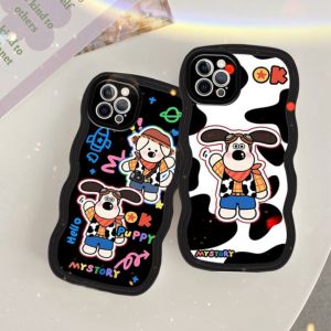 สีดํา โทรศัพท์สไตล์ Toy Story Wave Edge สำหรับ iPhone 11/12/13/14/15ProMax/12/13/14/15Pro 7/8/14/15Plus X/XsMax/XR/SE2020 ขนาด 7/8/14/15Plus X/XsMax/XR/SE2020