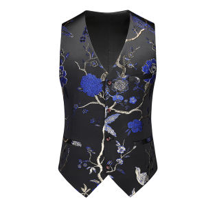 Autumn New Mens Suit Vest Korean Version Slim Fit Floral Carving Chinese Style Western Clothes No Sleeve Professional Top
