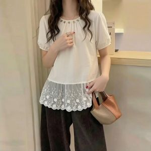 AIYITI | Áo Sơ Mi Tay Ngắn Phối Ren Màu Hồng cho Mùa Hè Thời Trang Kích Cỡ Lớn