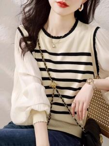 Brand Clearance Spring Autumn Lace Collar Knitted Shirt Striped Lantern Long Sleeve Womens T-shirt Stylish Commuter Style