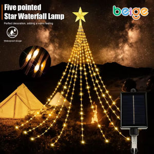 Beige 9 Light Modes Christmas Lights LED Five-Pointed Star Waterfall Lights Christmas Decorations Plug Control