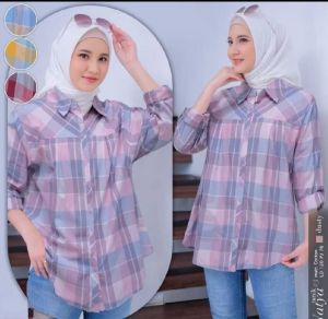 Kemeja wanita kekinian/Blus kemeja wanita motif kotak kotak