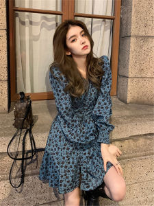 Early Autumn Fashion Long Sleeve V-neck Floral Dress A-line Skirt High Waist Polyester Fabric Commute Style Retro Pattern
