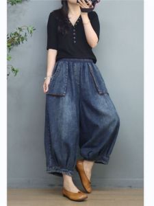 Autumn Winter Thickened Fleece Womens Jeans Lantern Pants Casual Loose High Waist Wide Leg Cotton Denim Trousers