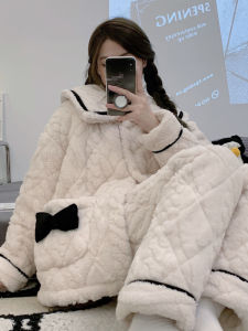Thickened Fleece Pajamas Womens Cute Girl Coral Velvet Three-layer Cotton Ultra-thick Warm Home Clothes Set Long Sleeve round Neck