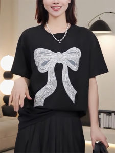 QINGNAER | Nail-Bead Bow Round-Neck Short-Sleeve T-Shirt