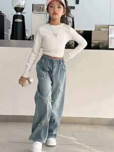 Jeans Pants for Kids Girls Wide Leg Trousers Loose Pants Denim 130-160 Star Trendy Baggy Pants Elastic Waist Casual Jeans for Girls Spring Autumn Long Pants Wide Leg Children Denim Trousers Comfortable Kids Jeans