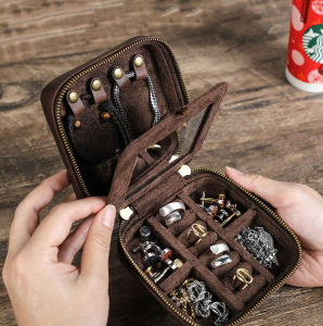 Liên hệ với gia đình da bò cổ điển Jewellry hộp du lịch vỏ di động lưu trữ cho Dây chuyền nhẫn Khuy măng sét Vòng tay đi kèm với gương khắc miễn phí
