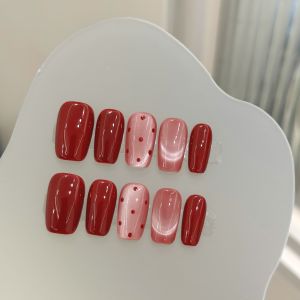 10pcs “Half Pond Polka Dots” Red Premium Polka Dot Cat Eye Brightening Minimalist Short New Year Nails