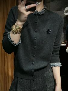 BINKAFENNY | Gray Wool Knitted Short Loose Womens Open Cardigan Autumn Winter Fashionable Top Coat Korean Style Straight Cut Long Sleeve