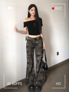 S~6XL Relaxed Vintage Camouflage Denim Low-Waist Straight-Leg Pants – Long