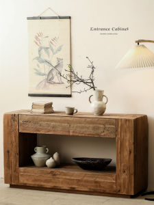 GOOFANSER | Zen Style Wooden Long Rectangular Perforated Entryway Cabinet